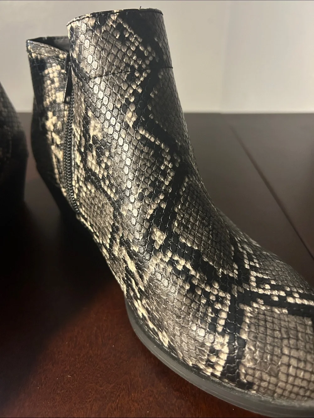 Arizona Jean Company Snake-Print Ankle Booties in Black and Cream